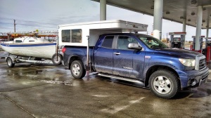 First stop of the trip - filling the truck with gas.  You can see how dirty both boat and truck are from the muck left on the road by the melting snow.
